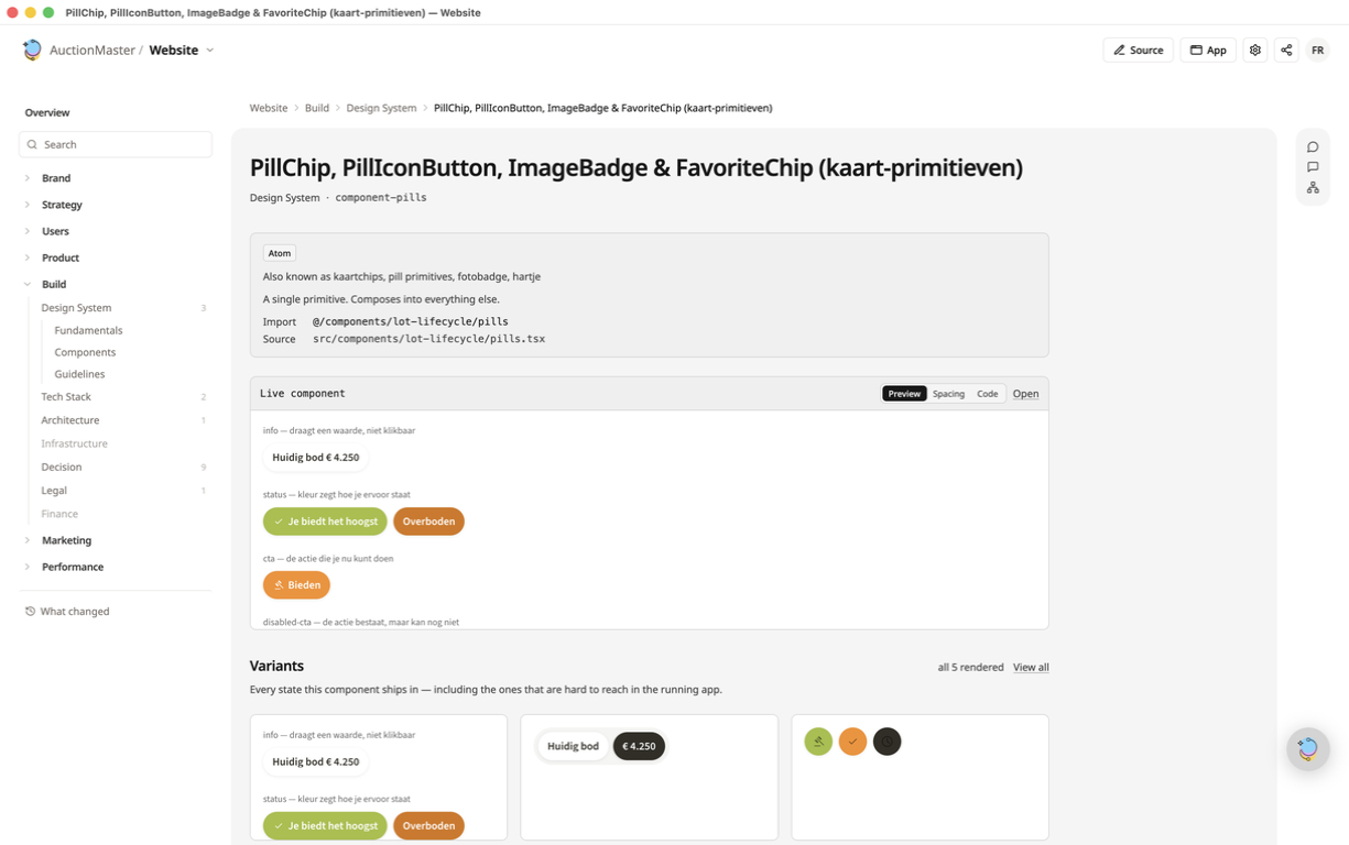 Epic Context Design System met de kaartchips van Onlineveilingmeester, een live componentvoorbeeld en varianten.