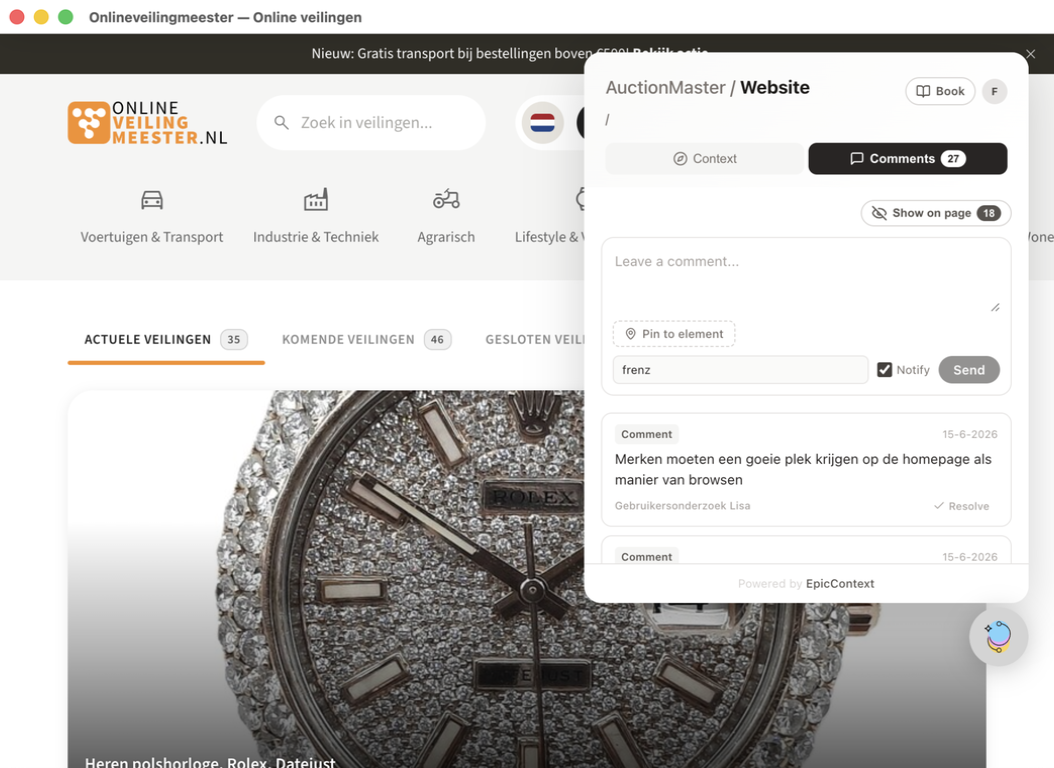 Epic Context-commentpaneel naast het Onlineveilingmeester-prototype met een bevinding uit gebruikersonderzoek.