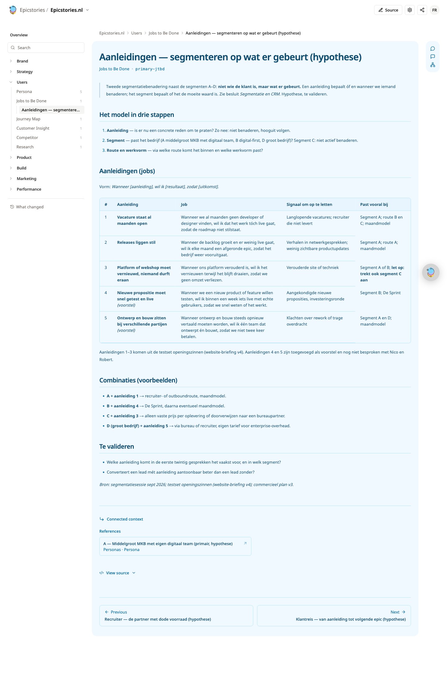 Volledige pagina-opname van Epic Context: Jobs to be done.