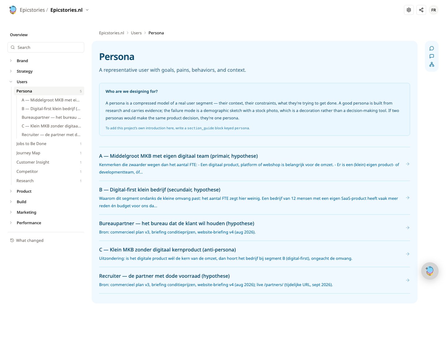 Volledige pagina-opname van Epic Context: Persona’s.