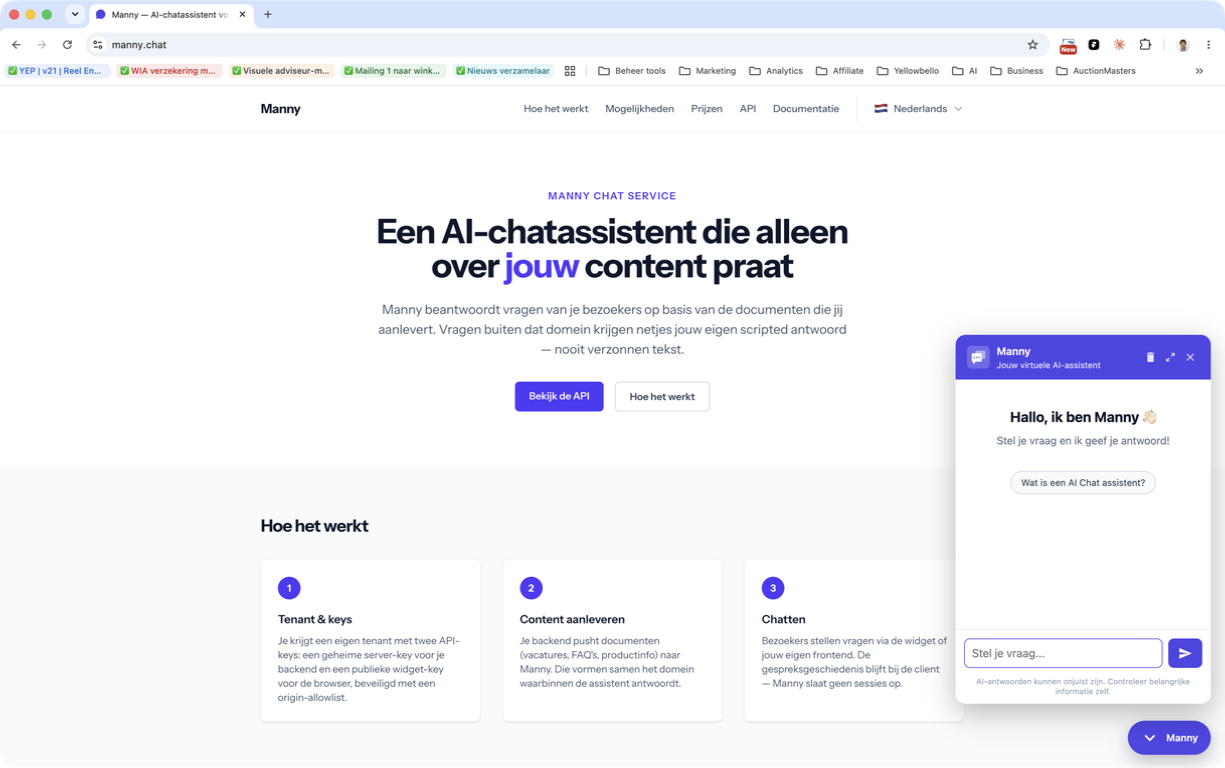 Manny-homepage met uitleg over de AI-assistent en de geopende chatwidget.