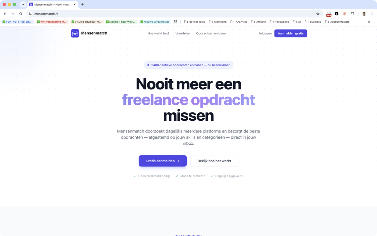 Mensenmatch-homepage met aanmelden voor passende freelance opdrachten en banen.