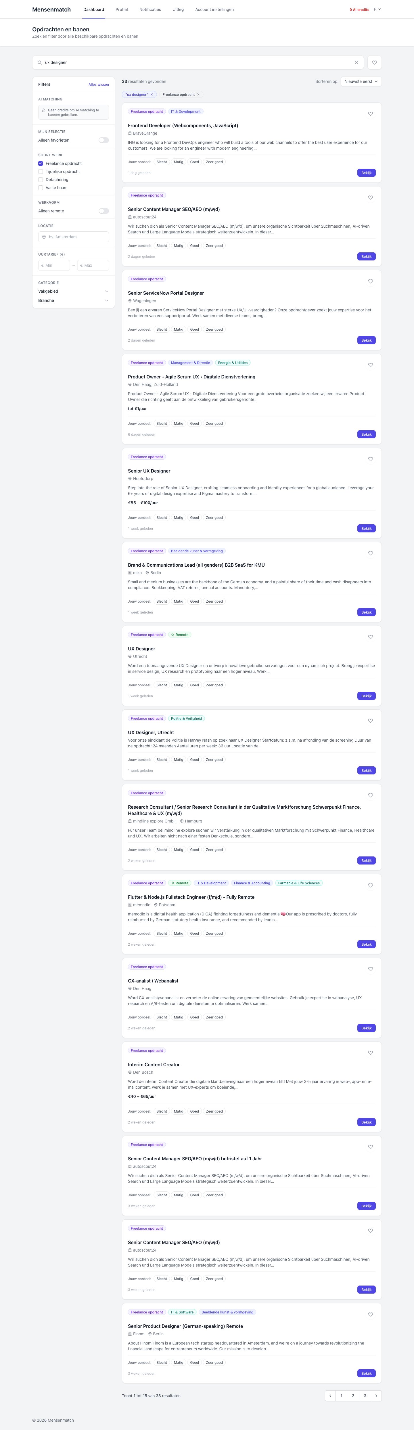 Volledige pagina-opname van Mensenmatch: Dashboard.