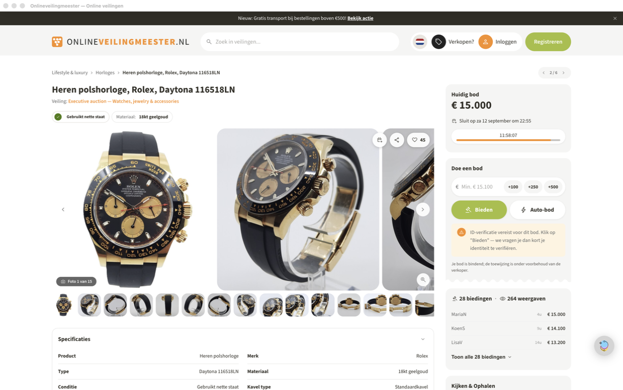 Prototype van een kavelpagina met Rolex Daytona, fotogalerij, specificaties en biedpaneel.