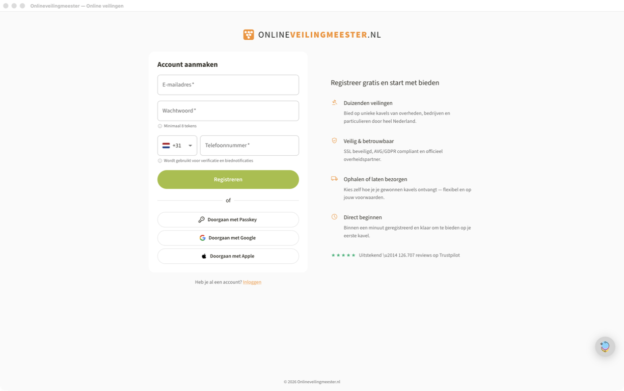 Prototype van het registratiescherm met e-mail, wachtwoord, telefoonnummer en alternatieve aanmeldopties.