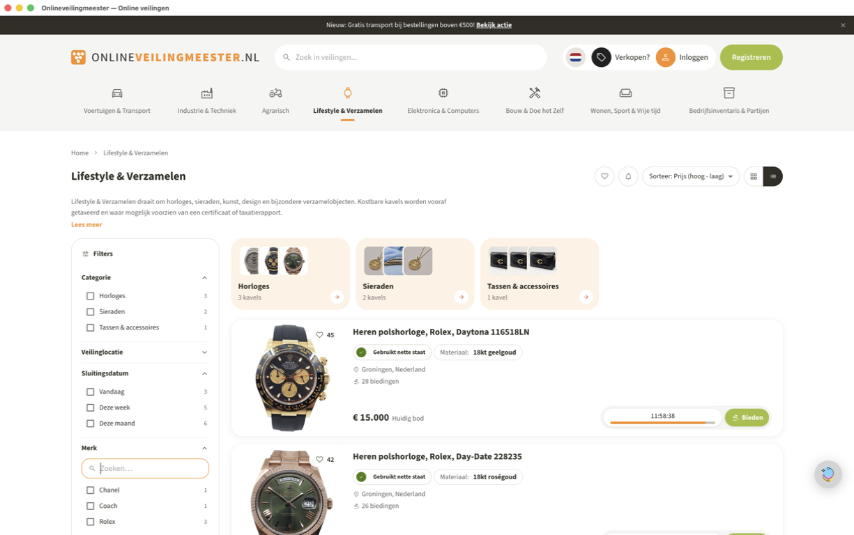 Prototype van de categorie Lifestyle & Verzamelen met filters, subcategorieën en een lijst met kavels.
