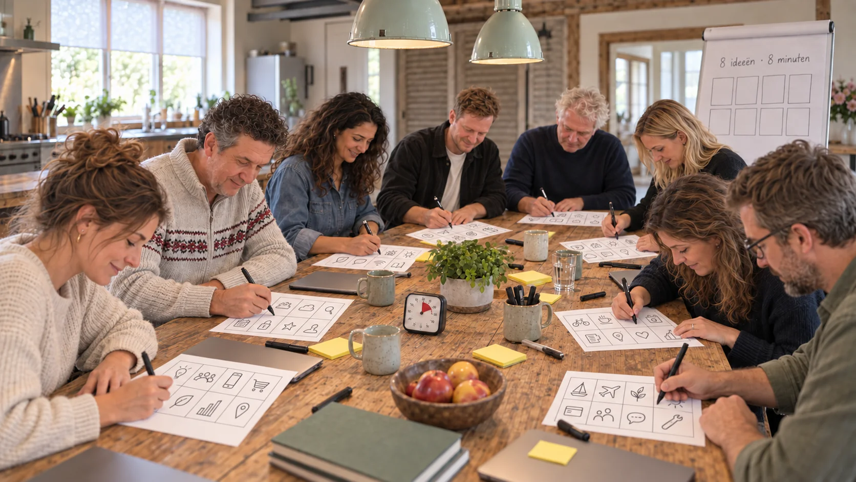 Sfeerimpressie van een groep die aan een houten tafel acht ideeën per persoon schetst.