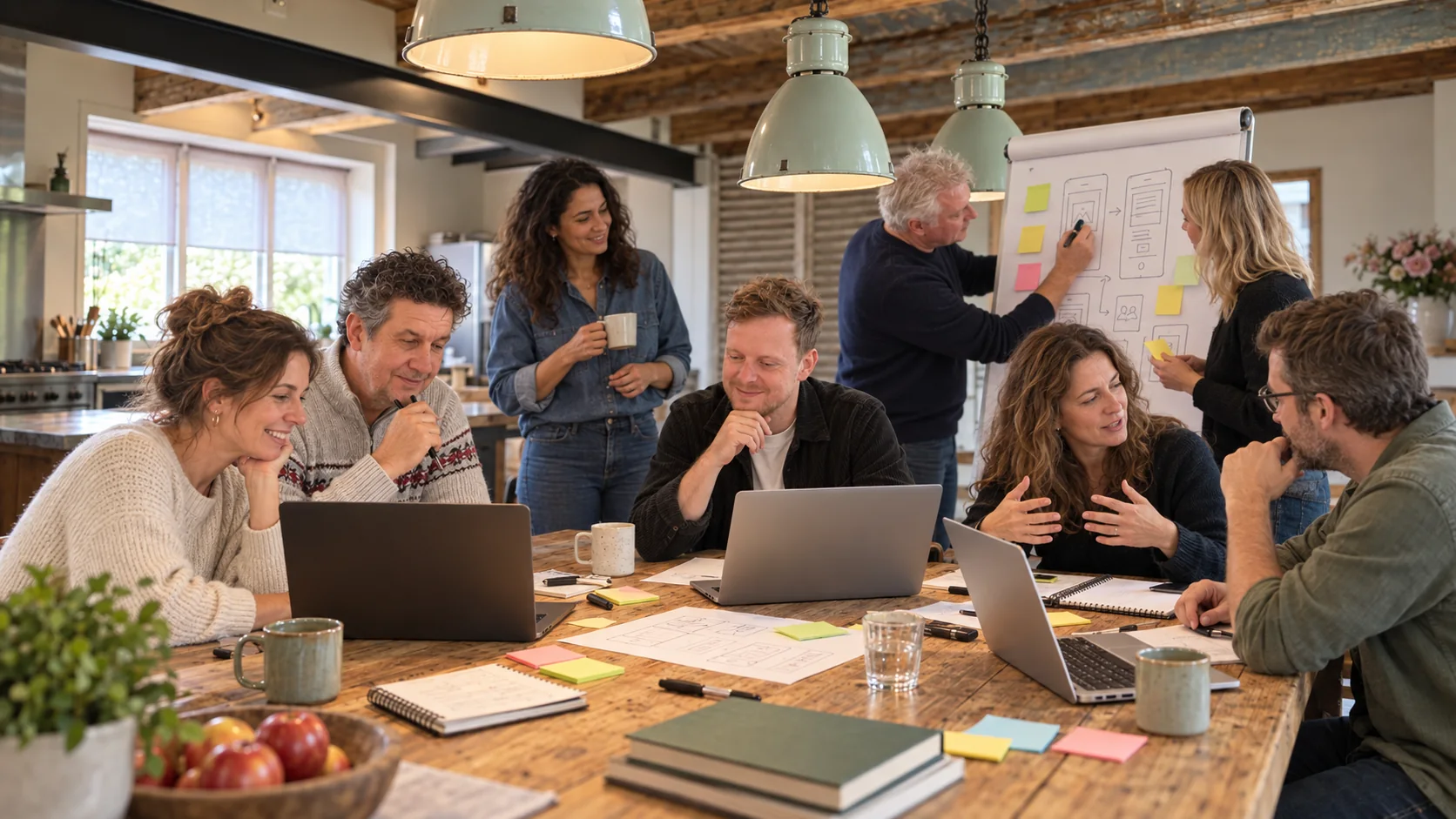 Sfeerimpressie van acht deelnemers die samen bouwen, overleggen en ideeën op een flip-over uitwerken.