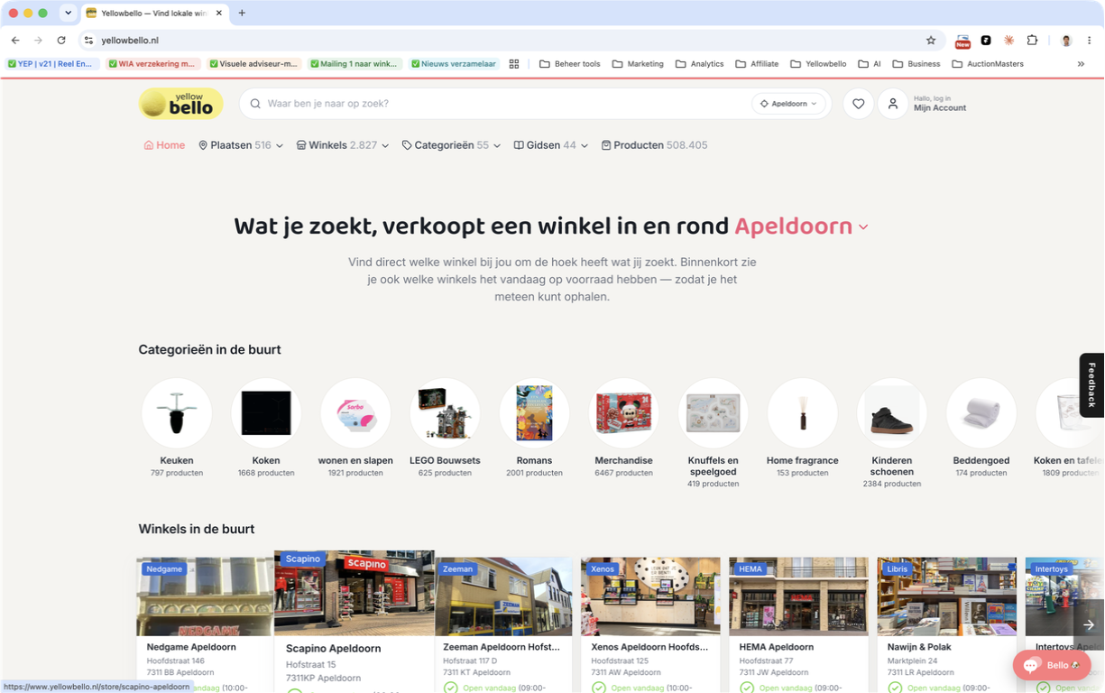 Yellowbello-homepage met productcategorieën en winkels in en rond Apeldoorn.