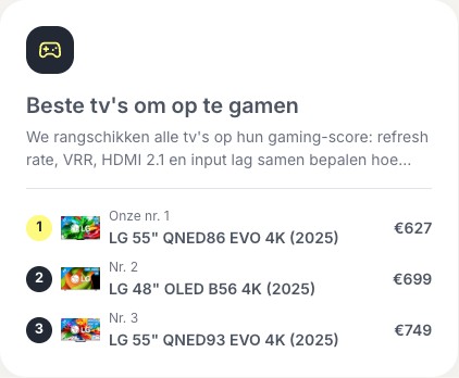 Detail van de productgidskaart voor gamen met drie gerangschikte televisies.