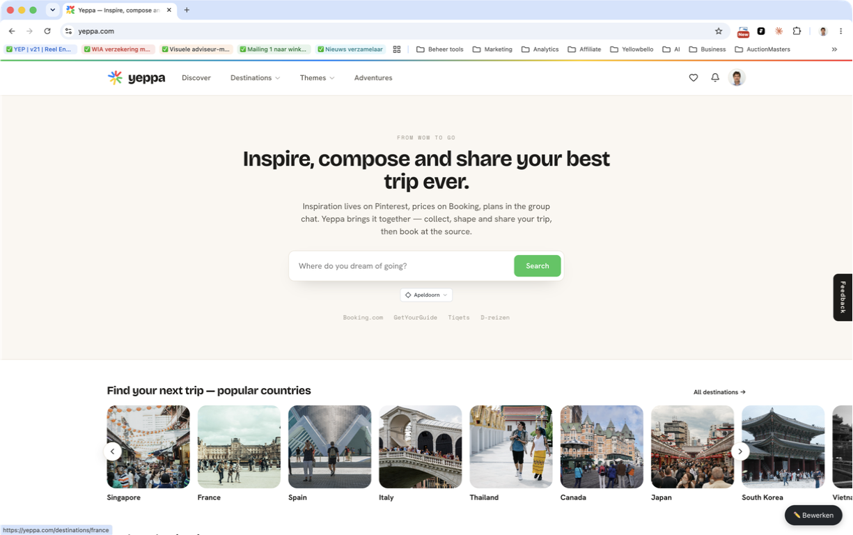 Yeppa-homepage met reiszoekfunctie en een rij populaire landen.